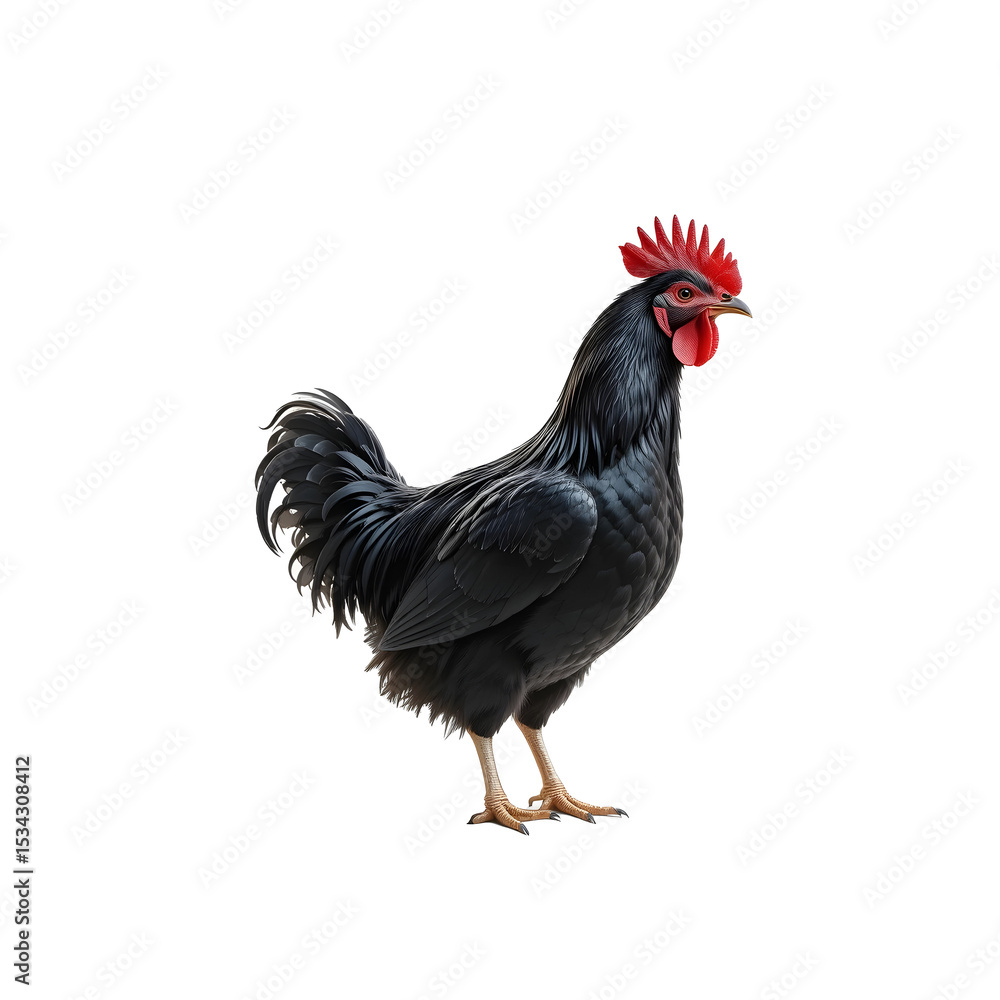 Fototapeta premium Striking Black Rooster Against a White Background.A full shot of a vibrant black rooster, isolated against a clean white background.