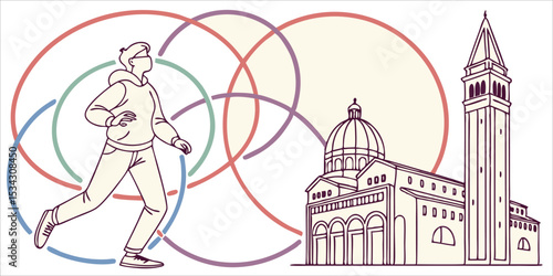 Person walking with overlapping circles and architecture, vector illustration of modern urban blend.