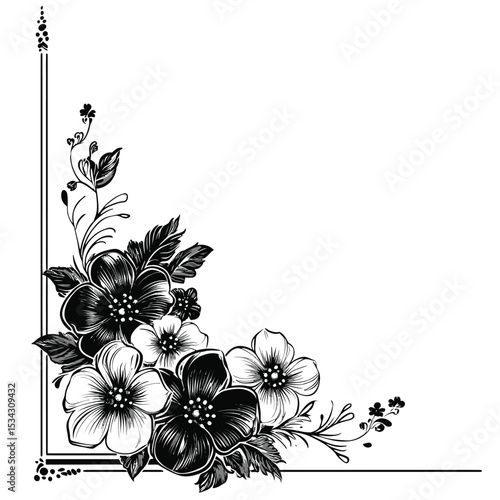 Abstract black and white floral design with a vintage ornate frame and swirling leaf patterns, perfect for elegant decoration or a spring nature illustration