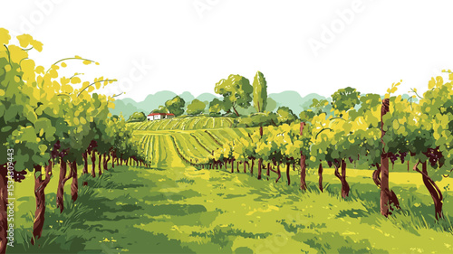A digital painting depicting a picturesque vineyard landscape. The style is painterly, with visible brushstrokes. The scene shows rows of grapevines extending across gently sloping hills under
