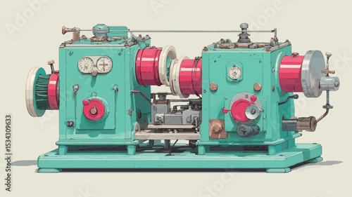 The image shows a teal-colored industrial metalworking machine. The machine consists of two main units connected by a central section. Each unit features various mechanical components