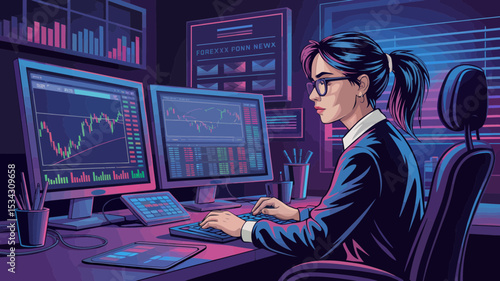 A stylish female trader analyzes stock market data on multiple computer screens in a vibrant, modern office setting.