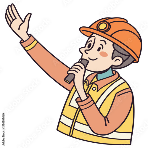 Smiling construction worker speaking into microphone, vector illustration of communication on site.