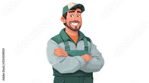 The image is a digital illustration of a cartoon man, likely a gardener or landscaper. He has a light brown complexion, short brown hair, a beard, and is wearing a green and light blue work overall