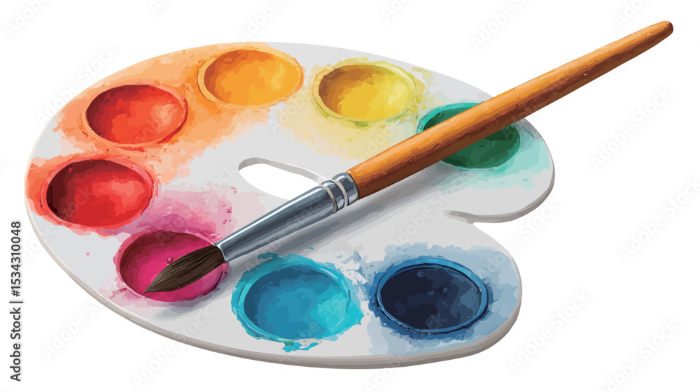 Obraz premium Close-up studio shot of a white plastic paint palette with multiple circular wells filled with various vibrant watercolor paints. A wooden-handled paintbrush rests on the palette