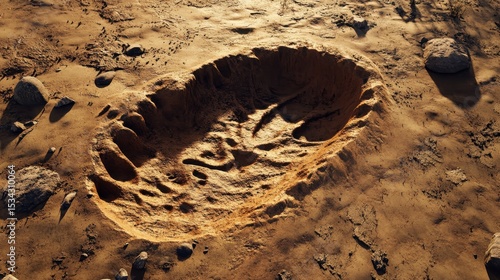 Large animal footprint in dry, cracked earth.
