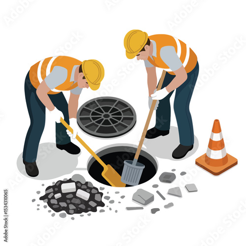 Two Sanitation Workers Cleaning Sewer Hole with Shovel and Scoop 1