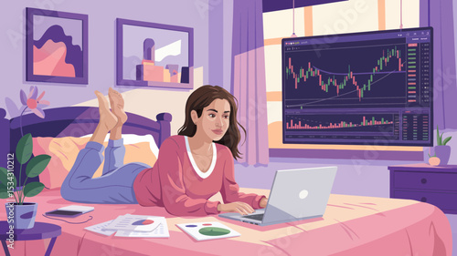 Young woman works from home on laptop analyzing stock market data charts for online trading business