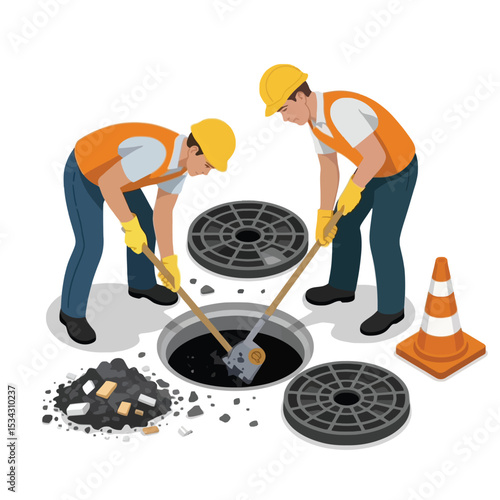 Two Sanitation Workers Cleaning Sewer with Shovels 1