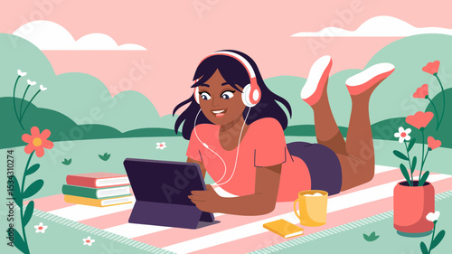 Happy Woman Relaxing Outdoors Using Tablet and Headphones Enjoying Nature and Books