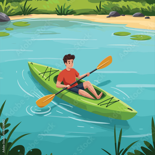 Man kayaking in the water, sitting on green kayak with paddle, summer recreation activity, flat illustration