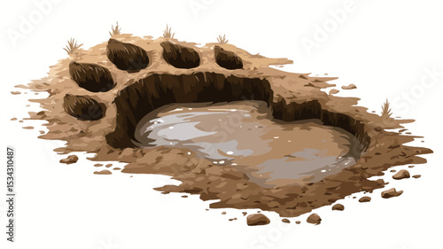 A detailed close-up shot of a large bear paw print imprinted in wet mud. The paw print is clearly defined, showing the individual toes and pads. The mud is a mixture of dark brown and lighter tan