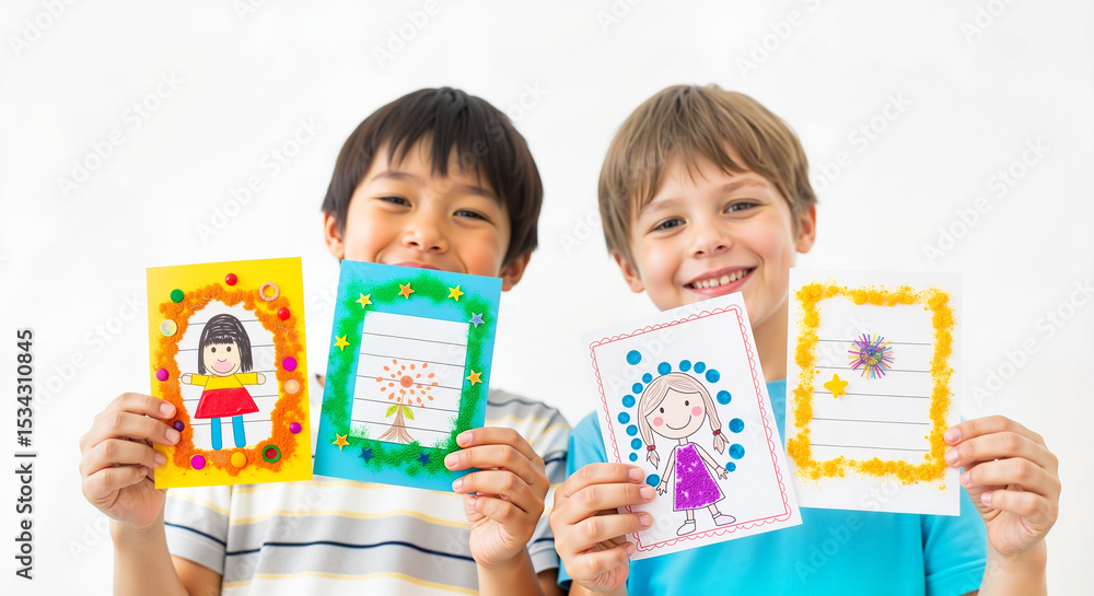 Fototapeta premium Two boys proudly holding colorful handmade greeting cards 
