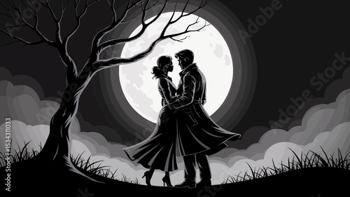 Romantic couple silhouette under a full moon design perfect for branding logos and stylish romantic themed projects