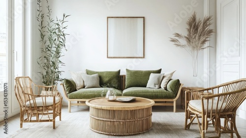 A bright, minimalist living room with a natural, earthy aesthetic