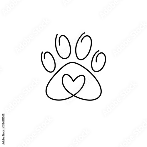 Paw continuous line drawing. Dog or cat paw print. Vector illustration 