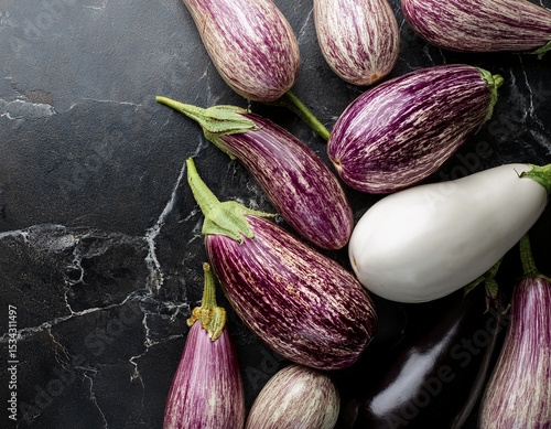 Wallpaper Mural Various fresh white, striped and purple eggplants on black marble with copy space. Generated image Torontodigital.ca