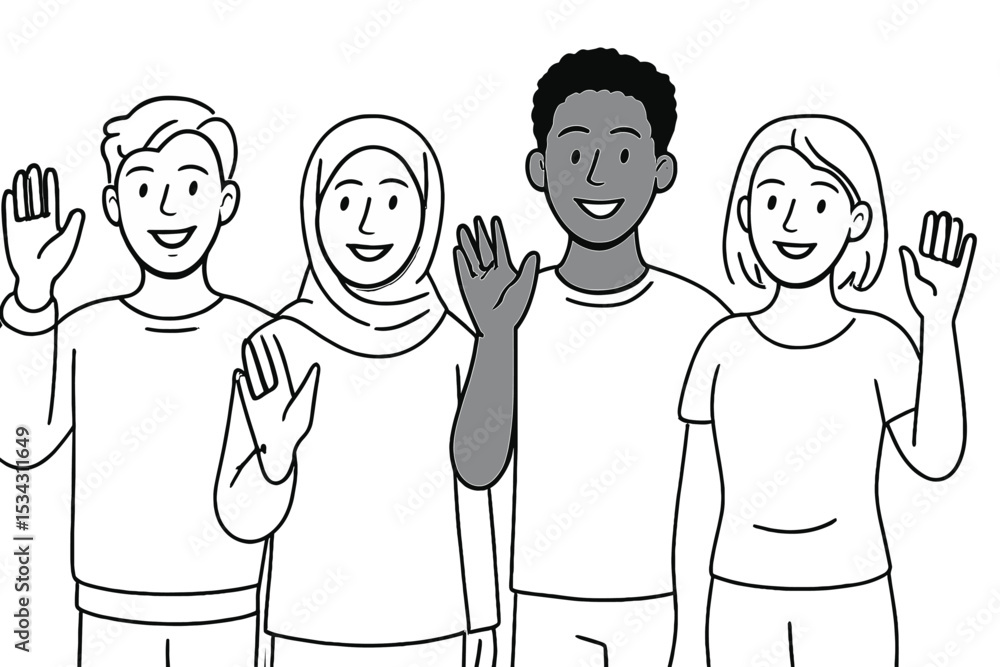 Diverse group of four people greeting together in a vector flat illustration Diverse group of four people greeting together in a vector flat illustration