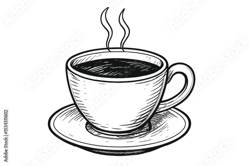 Steaming coffee cup on a saucer with aromatic steam rising from the brew in a warm cafe setting