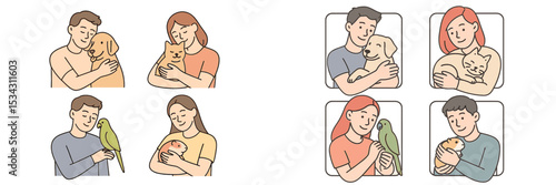 Pets and their owners share joyful moments in a cozy setting showcasing various animals and affectionate interactions