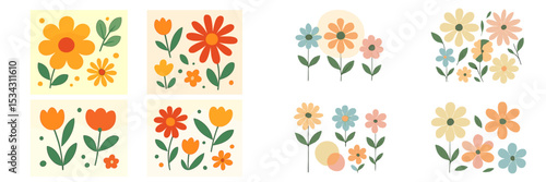 Colorful vector flat illustration of various flower arrangements in vibrant colors depicting a cheerful spring vibe