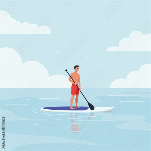 Man paddleboarding on a calm sea, standing on a surfboard, wearing swimsuit, summer water sport in flat vector style