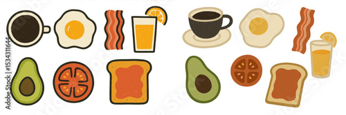 Breakfast food assortment featuring coffee, eggs, bacon, toast, and fresh ingredients for a vibrant morning meal