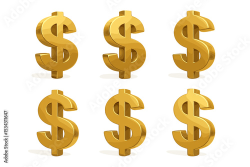 Gold dollar signs arranged in two rows with six symbols representing wealth and financial prosperity in a flat design