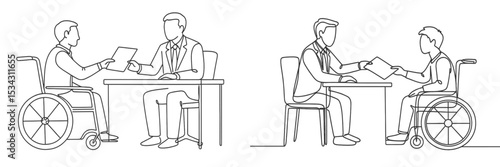Meeting between individuals in wheelchairs engaging in a document exchange at a desk in a professional setting