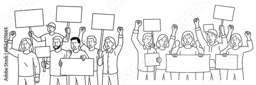 Crowd of people protesting with raised fists and blank signs in a vector flat illustration