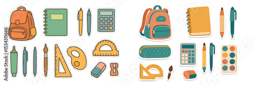 Back to school vector flat illustration featuring school supplies and backpacks for educational activities