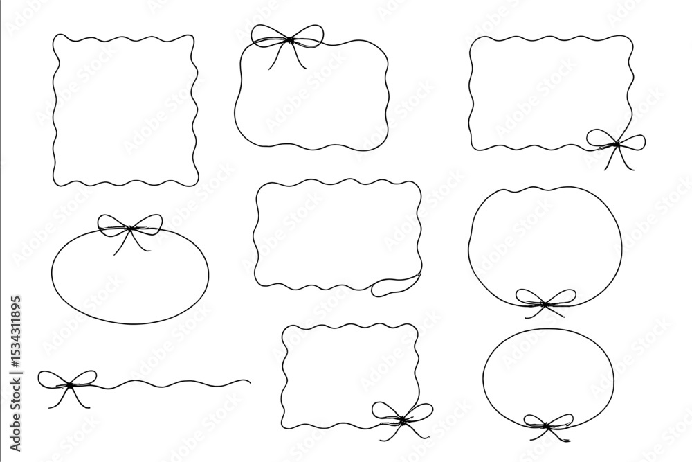 Fototapeta premium Creative collection of vector flat illustrations of decorative frames with bows and wavy edges for various design purposes