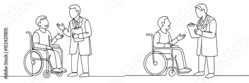 Healthcare interaction between a doctor and a patient in a wheelchair during a consultation for accessible medical services