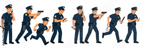 Vector flat illustration of police officers engaged in various activities in an urban environment during the day