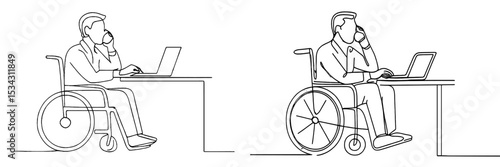 Illustration of individuals in wheelchairs working on laptops at a table in a modern workspace during daytime