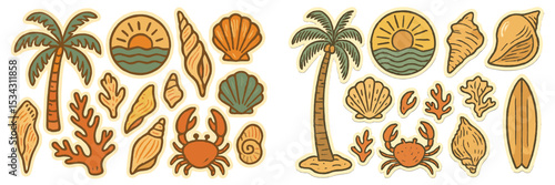 Colorful vector illustration of beach elements featuring shells, crabs, and palm trees in a sandy coastal setting