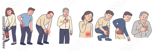 Health illustration showing various people experiencing joint pain in different body parts throughout a typical day