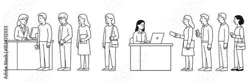People engaging at a service counter and completing tasks in a modern office setting during the daytime