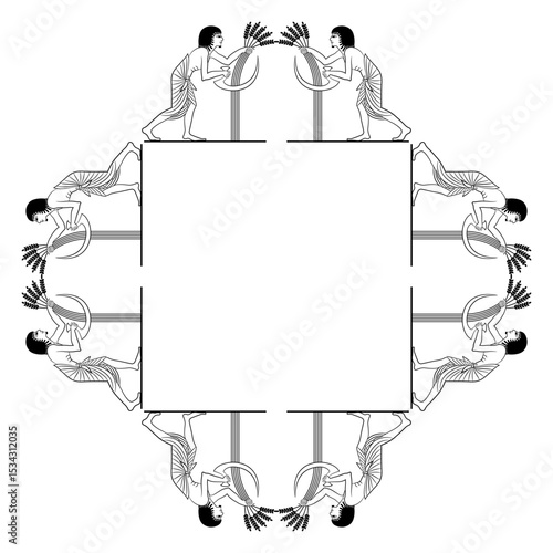 Geometrical square frame with ethnic ancient Egyptian harvest motifs. Men reaping cereal grass with a sickles. Black and white linear silhouette.