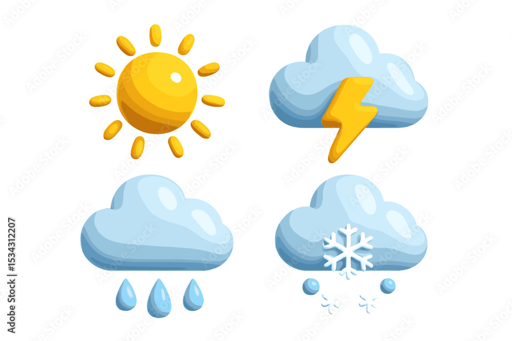 Weather icons depicting sun, lightning, rain, and snow in a flat vector illustration Weather icons depicting sun, lightning, rain, and snow in a flat vector illustration