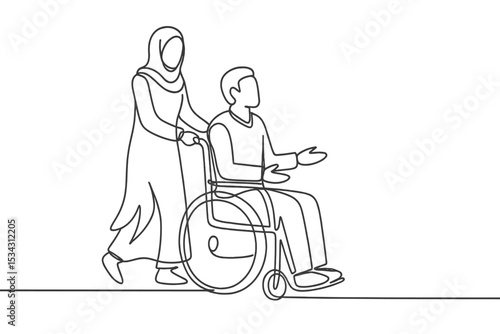 Illustration of a woman assisting a man in a wheelchair on a sunny day in an urban park setting