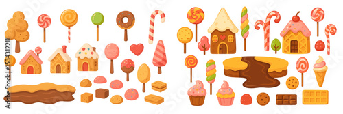 Colorful vector flat illustration of various candies, desserts, and sweet treats arranged playfully in a whimsical candyland setting