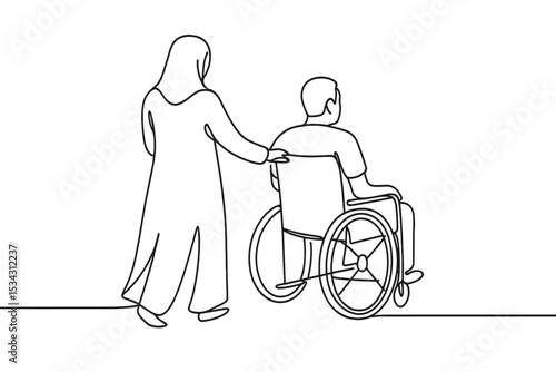 Supportive companionship in a simple line illustration of a person in a wheelchair being assisted