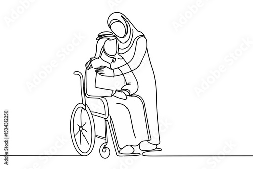 Caring moment shared between a woman and elderly person in a wheelchair during a calm afternoon