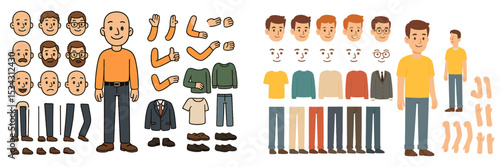 Vector flat illustration showcasing diverse characters and customizable features for animation or graphic design projects