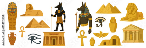 Vector flat illustration of ancient Egyptian symbols, figures, and monuments representing rich cultural heritage and history