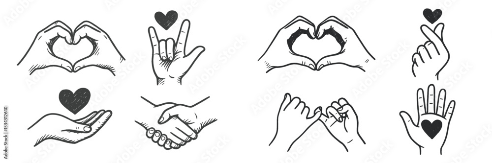 Obraz premium Diverse hand gestures that symbolize love, connection, and friendship in a flat vector illustration