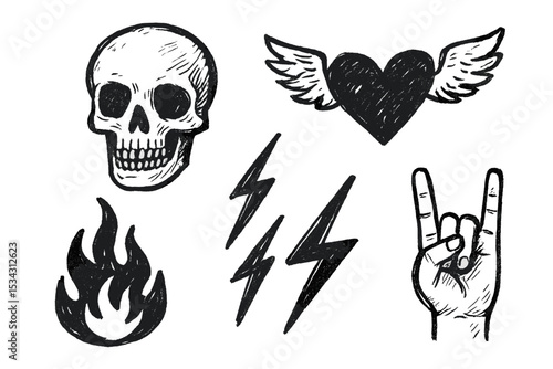 Vector illustration showcasing bold symbols of rebellion and attitude with a skull, heart, flame, lightning, and rock hand gesture