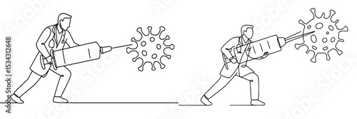 Health professional uses a giant syringe to combat virus in a vector flat illustration showcasing the fight against diseases