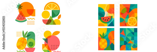 Colorful vector flat illustration featuring fruit shapes and abstract patterns in a playful arrangement